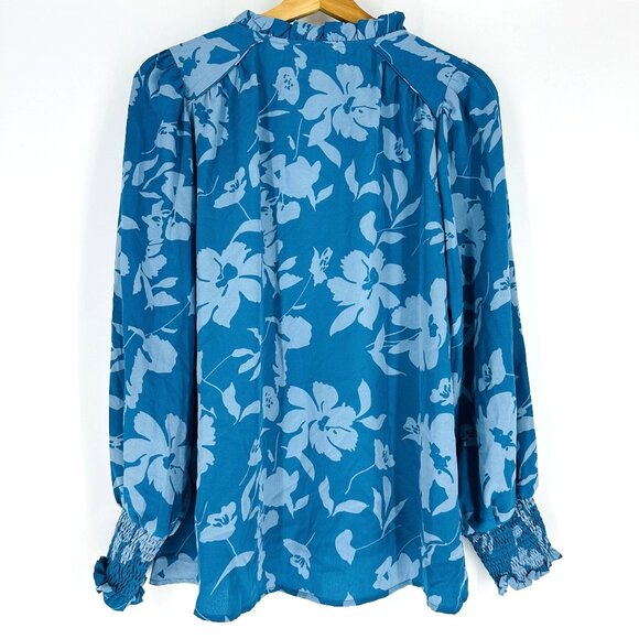 Umgee Blue Teal Floral Notch Neck Balloon Sleeve Tassel Blouse Top New Size S - Picture 5 of 12